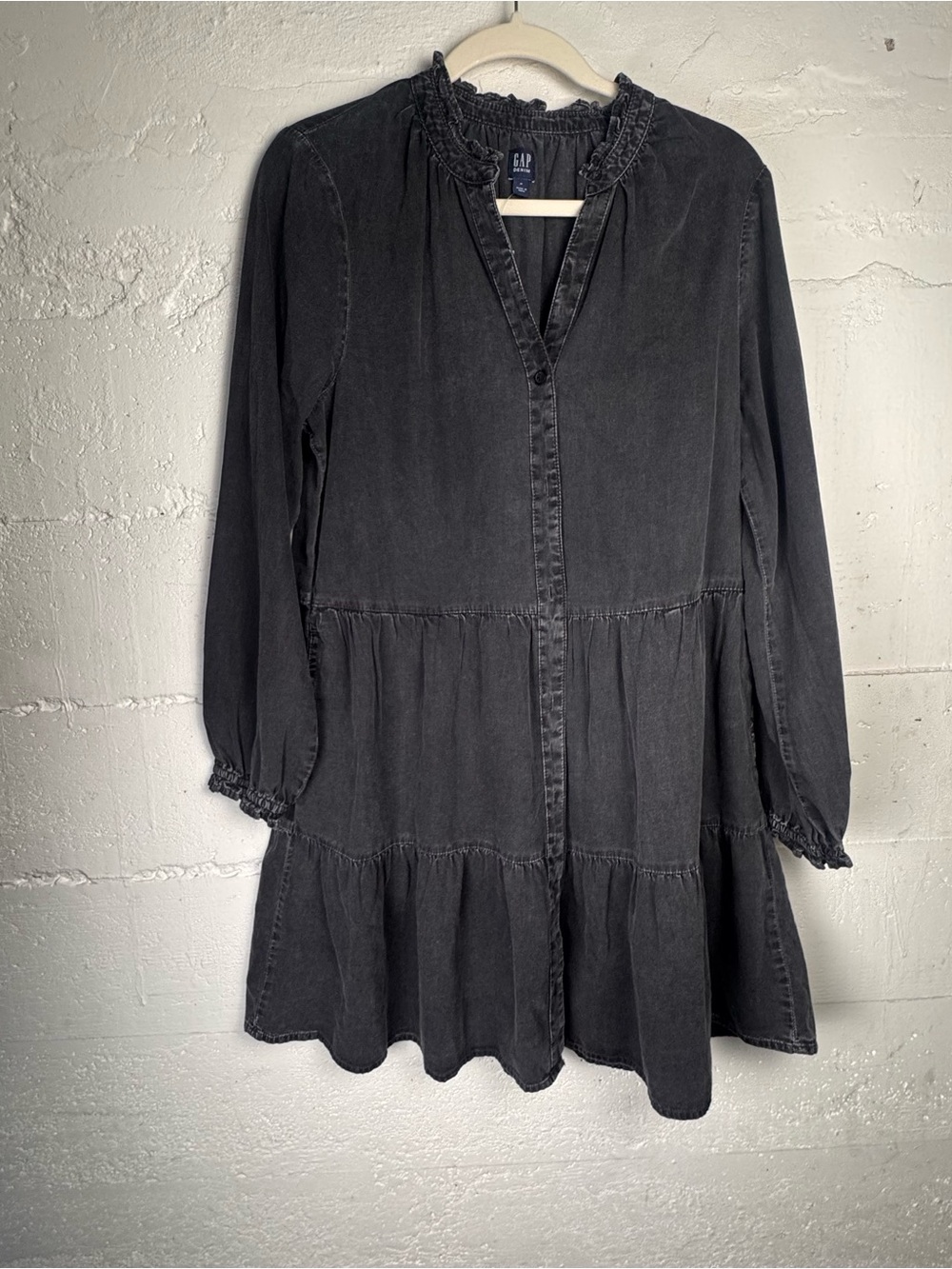 GAP Tiered Denim Mini Shirtdress Tiered  Charcoal Black Peasant Boho M NWT